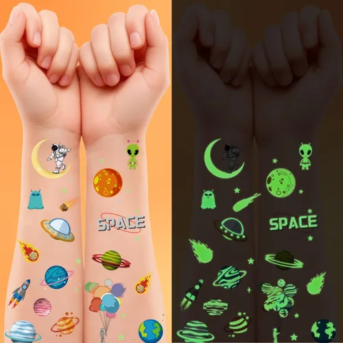 Miniatura 4 de Tatuajes temporales falsos de planetas espaciales que brillan en la oscuridad para niños, más de 80 piezas de astronauta espacial, cohete, nave