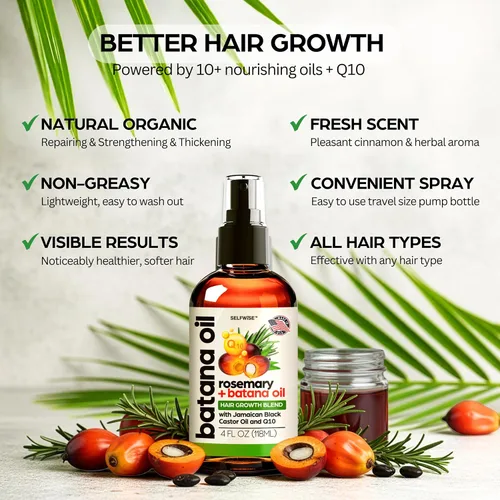 Miniatura 6 de SELFWISE Aceite de batana para el crecimiento del cabello con ricino de romero, 100% puro, orgánico, prensado en frío, sin refinar de Honduras por