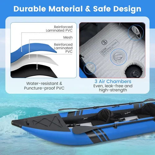 Miniatura 4 de GYMAX Kayak inflable, kayak tándem de 12.5 pies y 507 libras con 2 remos de aluminio, 2 asientos acolchados, reposapiés, 2 aletas, bomba de mano
