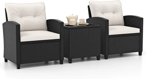 Miniatura 26 de HAPPYGRILL Juego de conversación para patio de 3 piezas, juego de muebles de exterior de sofá de ratán PE con cojines removibles, sillas de mimbre