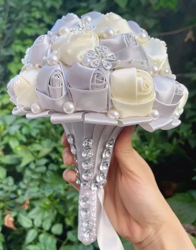 Miniatura 33 de Sharebeauty Ramo de novia de satén hecho a mano de 5.9 pulgadas, ramo de boda, ramo de flores artificiales, color azul claro + blanco W224