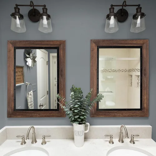Miniatura 3 de YOSHOOT Espejo de pared con marco de madera rústica, 40 x 30 pulgadas, espejo de tocador de baño de madera natural y hierro para decoración