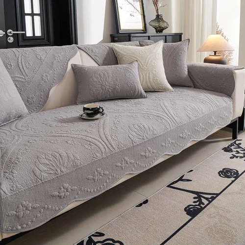 Miniatura 10 de vctops Funda acolchada de algodón para sofá, funda de sofá con bordado floral de granja, antideslizante, suave, festoneado, protector de muebles