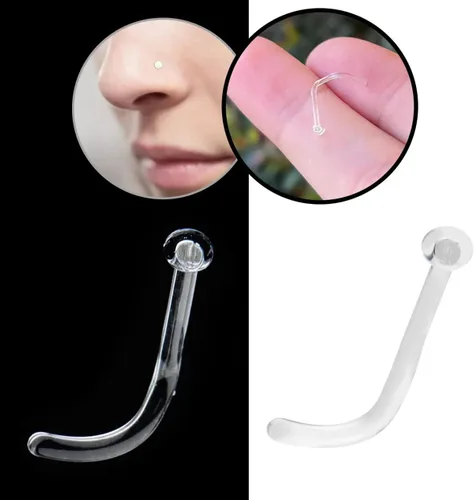 Miniatura 5 de BodyJewelryOnline Retenedor de piercing de nariz de vidrio Pyrex transparente de 16G, 18G y 20G, retenedor de tornillo de nariz en forma de L, 5/16