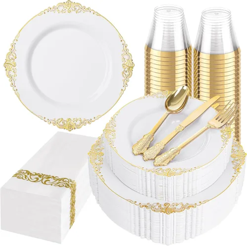 Miniatura 34 de Hioasis 175 platos de plástico verde transparente, elegante juego de vajilla desechable adecuado para 25 invitados, incluye platos de cena de 10.25