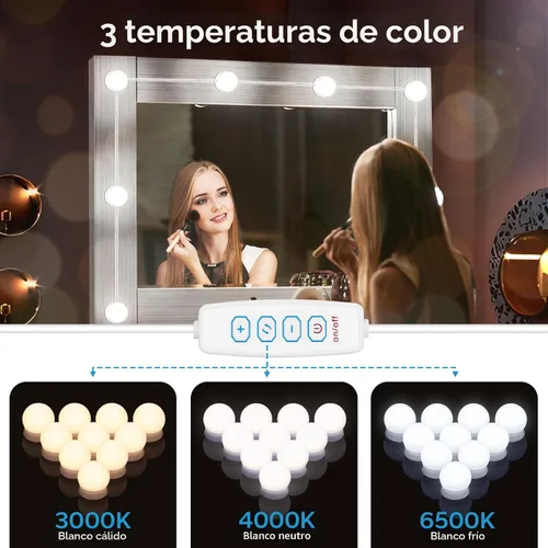 Miniatura 4 de Luces LED de tocador para espejo, luces de tocador adhesivas con 10 bombillas regulables, 3000K 4000K 6500K y 10 niveles de brillo ajustable, cable