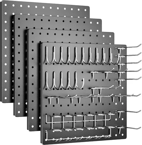 Tablero de clavijas, kit de 4 tableros de clavijas de metal, organizador de pared de tablero de clavijas negro con 32 ganchos, tablero de clavijas