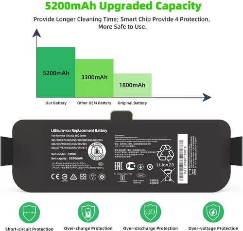 Miniatura 3 de Batería de litio 1800LI mejorada de 5200 mAh para iRobot 960 860 690 675 980, compatible con Roomba 600 700 800 900 Series 981 970 801 805 850 877