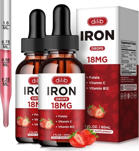 Suplemento de hierro líquido para mujeres y hombres, suplementos de hierro para anemia con folato, vitamina C, B12 para soporte de glóbulos rojos,