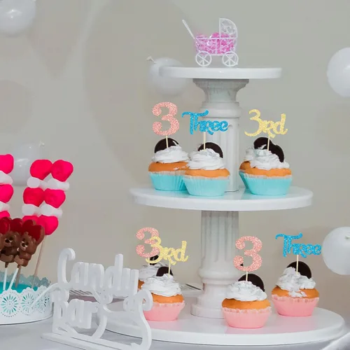 Miniatura 6 de 24 piezas de adornos para cupcakes de tercer cumpleaños, adornos para cupcakes de tercer cumpleaños con purpurina, tres adornos para cupcakes