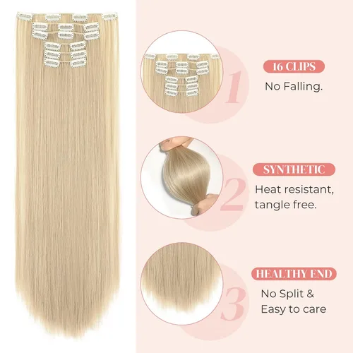 Miniatura 4 de LONAI 6 extensiones de cabello con clip, 24 pulgadas de largo, lacio, sintético, postizo para mujer, rubio ceniza natural