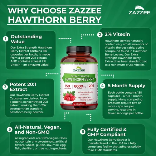 Miniatura 8 de Zazzee - Extracto de baya de espino blanco extrafuerte 20:1, 8000 mg de fuerza, 2% de vitexina, 150 cápsulas veganas, suministro para 5 meses