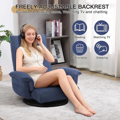 Miniatura 3 de Linen Fabric Ergonomic Gaming Chair, 6-Position Reclining Sofa Bed with Lumbar Support, Foldable Floor Lounger with Thick Cushion, Armrests & Side