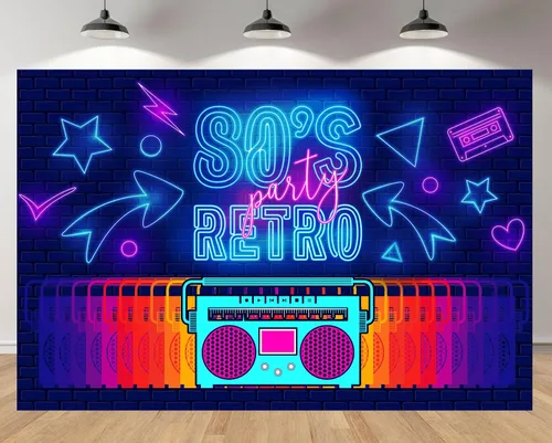 Telón de fondo retro de 5 x 3 pies para fiesta de los años 80 con letras de neón Boombox, cinta de cassette de ladrillo para fiesta temática de los