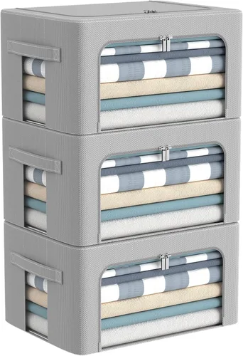Miniatura 23 de Paquete de 3 cajas de almacenamiento con marco, bolsas de almacenamiento de ropa, tela Oxford, plegable, apilable, juego organizador con ventana