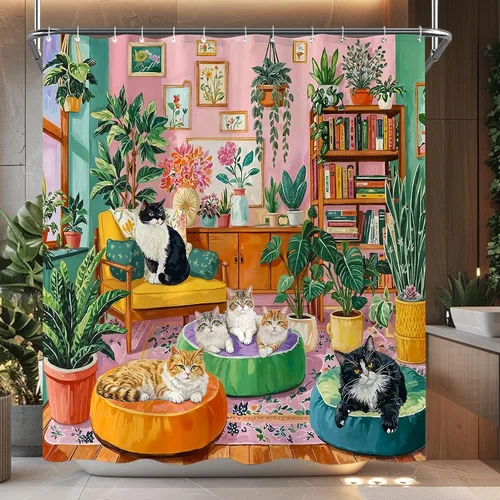 Miniatura 9 de Divertida cortina de ducha con diseño de gatos negros, estilo bohemio, bonita, divertida, para baño, gatito, verde, hojas tropicales, beige, marrón