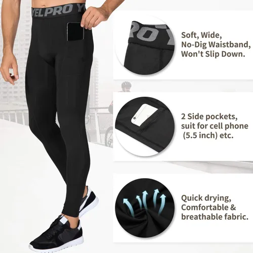 Miniatura 3 de Queerier 3 Pack Men's Compression Pants Athletic Leggings with Pockets Running Baselayer Tights Cycling Workout Pants