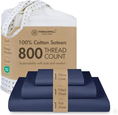 Miniatura 33 de Threadmill - Juego de sábanas de lujo de 800 hilos, tamaño matrimonial, 100 % algodón, tejido satinado azul folkstone, mejor que el algodón egipcio