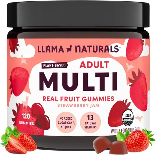 Llama Naturals Multivitamínico para mujeres y hombres, gomitas veganas y orgánicas con vitamina D, C y K, vitaminas masticables de fruta real para