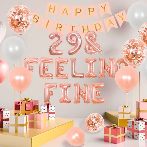 Miniatura 4 de Cheereveal Decoraciones de cumpleaños número 29 – Oro rosa, globos "Feeling Fine" y decoración para pastel