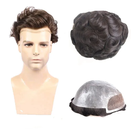 Miniatura 10 de Amiable toupee para hombres piel fina suave PU con encaje frontal de 1.5 pulgadas 8 x 10 pulgadas, 0.002 in, cabello humano virgen europeo, piezas #7