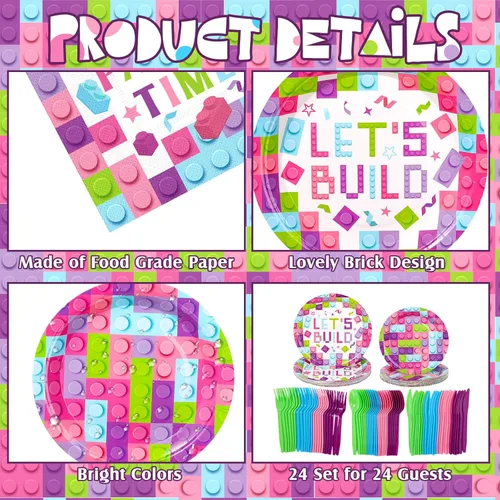 Miniatura 3 de Gejoy 96 piezas de suministros para fiesta de cumpleaños de bloques de construcción, incluye platos de fiesta de ladrillo de 7 pulgadas y 9