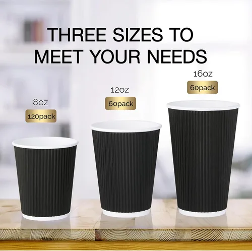 Miniatura 4 de JollyPack Paquete de 60 tazas de café de papel de 12 onzas, tazas desechables negras con pared ondulada aislada para café, té y chocolate caliente