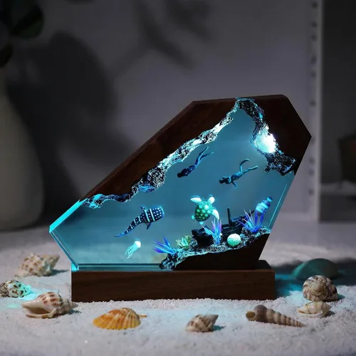 Miniatura 10 de Lámpara de Luz de Madera con Resina Epoxi Creativa del Océano, Lámpara de Océano Acuático Multicolor Hecha a Mano para Entusiastas del Buceo