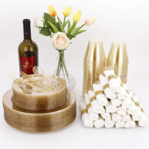 Miniatura 2 de DaYammi Juego de vajilla de 350 piezas con purpurina dorada, 50 platos de oro desechables para invitados, 50 platos llanos, 50 platos de postre, 50