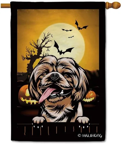 Miniatura 6 de Bandera de jardín de calabaza de Feliz Halloween Jack O'Lantern con perro Rhodesian Ridgeback Halloween Bat Boo Bandera decorativa para patio al