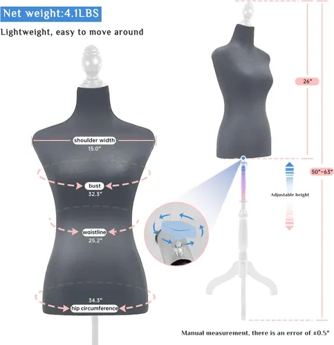 Miniatura 3 de Maniquí de costura de cuerpo femenino con soporte de 50 a 63 pulgadas, maniquí ajustable portátil para exhibición de ropa, base de trípode