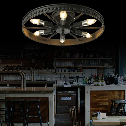 Miniatura 5 de Lámpara de techo con rueda de carro, 6 luces rústicas de estilo rústico semiempotrado, lámpara de techo industrial para cocina, isla, comedor