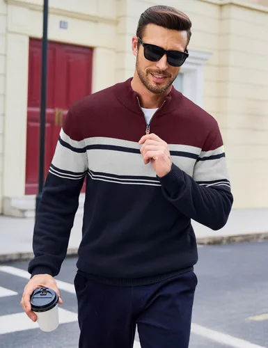 Miniatura 32 de MAGCOMSEN Suéteres de algodón con cremallera de 1/4 para hombre, suéter tipo polo, a rayas, para otoño e invierno, sudaderas cálidas