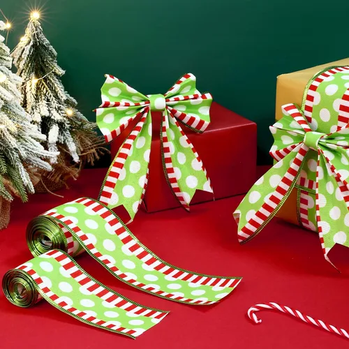 Miniatura 4 de 2 rollos de cinta de Navidad en espiral con puntos con alambre con rayas, envoltura de tela colorida, cintas decorativas de Navidad para suministros