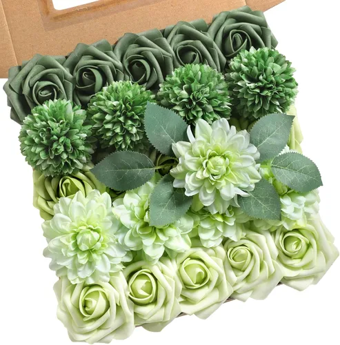 Miniatura 13 de rongflower Flores artificiales de aspecto real, color rosa polvoriento, rosas falsas de espuma con tallos, 25 piezas para bricolaje, bodas, Rosa