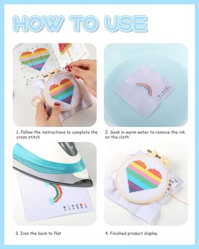 Miniatura 4 de Pllieay Kit de punto de cruz para principiantes para niños de 7 a 13 años, incluye 6 patrones de punto de cruz y 2 aros, 12 madejas, kit de inicio