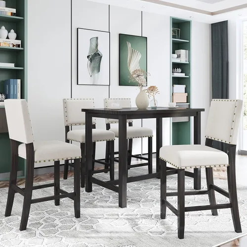 Miniatura 11 de Elegante juego de comedor de 5 piezas de altura de mostrador, mesa clásica elegante y 4 sillas, adecuado para cocina, comedor, apartamento Espresso