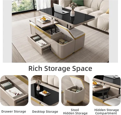 Miniatura 8 de Guyii Mesa de centro elevable con taburetes de almacenamiento, mesa central 3 en 1, altura ajustable, mesa plegable para sala de estar, ahorro