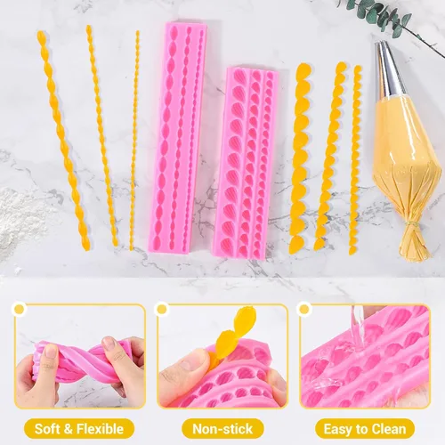 Miniatura 3 de Beasea Molde de Silicona para Fondant, 2 piezas Molde de Borde Silicona Cuerda de Perlas Punta de Crema DIY para Decoración de Pastel de Cumpleaños