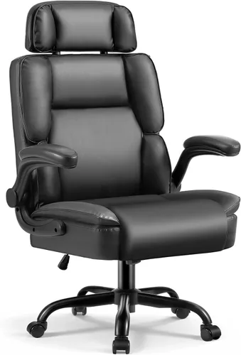 Cómoda silla de oficina con reposacabezas ajustable, silla de escritorio ejecutiva de cuero con soporte lumbar, función mecedora, silla ergonómica