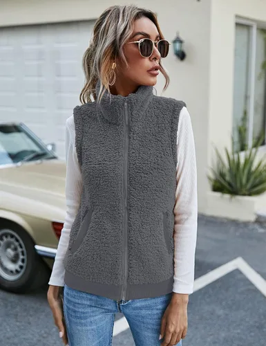 Miniatura 3 de LOMON Chaleco de forro polar mullido para mujer, casual, cálido, sin mangas, con cremallera, con bolsillos, para otoñoinvierno
