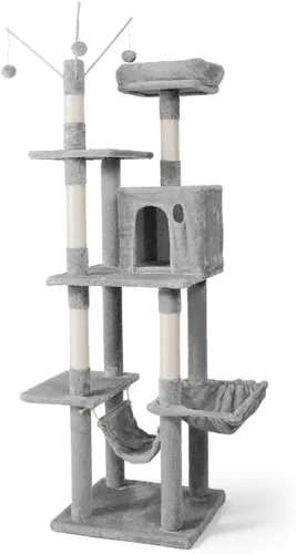 Miniatura 13 de BOWHAUS Árbol alto para gatos grandes o gatitos de interior, árbol de actividades para gatos de varios niveles con postes rascadores, hamaca