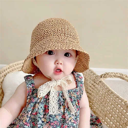 Miniatura 4 de Sombreros de paja para niñas pequeñas y plegables de ala ancha para verano, sombrero de paja para fotografía de bebé, sombreros de paja