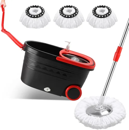 Trapeador y cubo con escurridor, sistema de cubo giratorio de 360° con 3 trapeadores de microfibra, sistema de limpieza de pisos de acero inoxidable