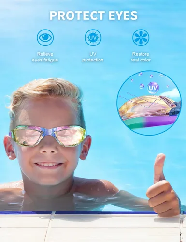 Miniatura 4 de gafas de natación para niños con pinza para la nariz, tapones para los oídos, puente de nariz para niños de 3 a 15 años Azul y púrpura
