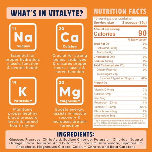Miniatura 7 de Polvo para preparar bebida natural de electrolitos, libre de gluten, contenedor con 80 porciones, marca Vitalyte, Anaranjado