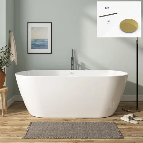 Miniatura 34 de FerdY 59" Bañera de acrílico independiente Bali Elite, bañera independiente de inmersión con forma elegante, certificada cUPC, desagüe negro Toe-Tap