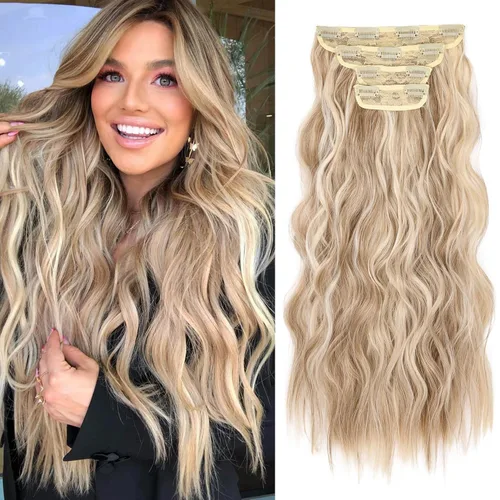 Miniatura 25 de REECHO Extensiones de cabello, 4 extensiones de cabello con clip, HE001, extensiones de cabello sintético suave natural para mujer, rubio claro