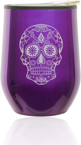 Miniatura 2 de Vaso de vino sin tallo, taza de viaje de café con tapa, calavera de caramelo de azúcar (oro rosa)