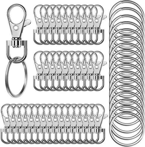 100 llaveros giratorios de alta calidad con llaveros, clip de llavero de metal y llavero, 50 ganchos para llaveros y 50 llaveros para cordón, Plata